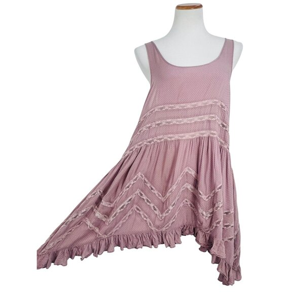 Free People Pink Tiered Ruffle Voile & Lace Mini Slip Dress | Cottagecore Boho M - Picture 14 of 16